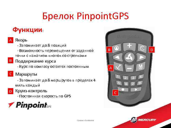 Брелок Pinpoint. GPS Функции: A Якорь Запоминает до 8 позиций Возможность перемещения от заданной
