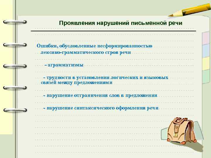 Проявления нарушений письменной речи Ошибки, обусловленные несформированностью лексико-грамматического строя речи - аграмматизмы - трудности