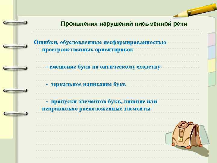 Проявления нарушений письменной речи Ошибки, обусловленные несформированностью пространственных ориентировок - смешение букв по оптическому