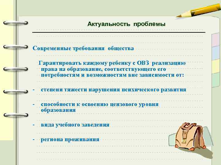 Актуальность проблемы Современные требования общества Гарантировать каждому ребенку с ОВЗ реализацию права на образование,