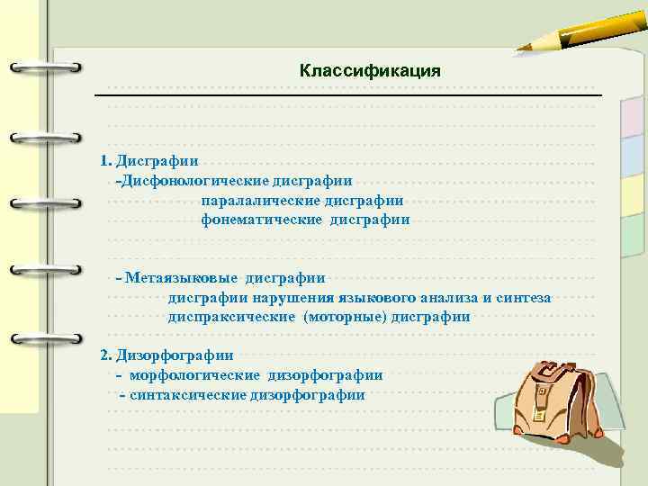 Классификация 1. Дисграфии -Дисфонологические дисграфии паралалические дисграфии фонематические дисграфии - Метаязыковые дисграфии нарушения языкового