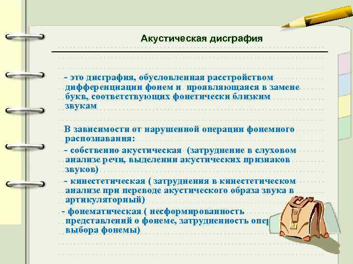 Акустическая дисграфия - это дисграфия, обусловленная расстройством дифференциации фонем и проявляющаяся в замене букв,