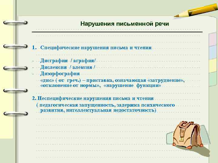 Нарушения письменной речи 1. Специфические нарушения письма и чтения - Дисграфия / аграфия/ Дислексия