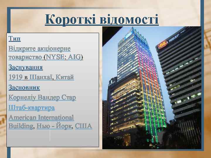 Короткі відомості Тип Відкрите акціонерне товариство (NYSE: AIG) Заснування 1919 в Шанхаї, Китай Засновник