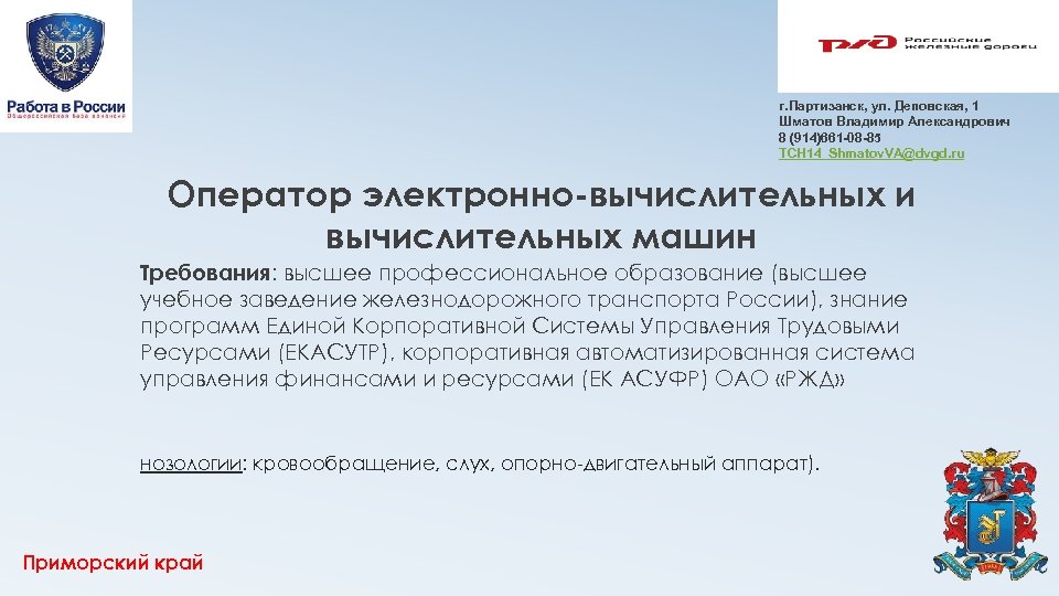 г. Партизанск, ул. Деповская, 1 Шматов Владимир Александрович 8 (914)661 -08 -85 TCH 14_Shmatov.