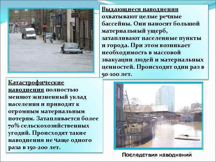 Выдающиеся наводнения охватывают целые речные бассейны. Они наносят большой материальный ущерб, затапливают населенные пункты
