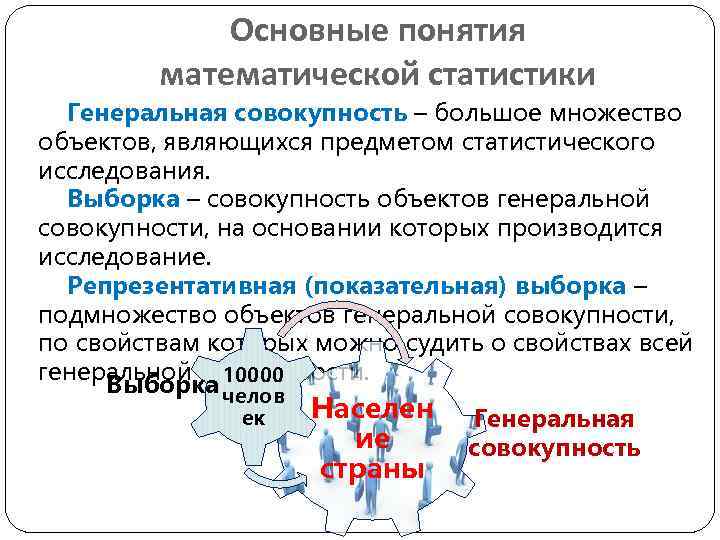 Основные понятия математической статистики Генеральная совокупность – большое множество объектов, являющихся предметом статистического исследования.