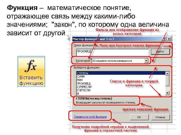 Функция – математическое понятие, отражающее связь между какими-либо значениями; 