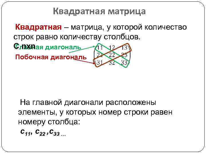 Квадратная матрица Квадратная – матрица, у которой количество строк равно количеству столбцов. С nxn
