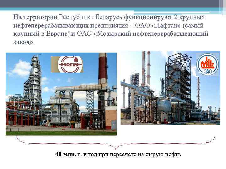 На территории Республики Беларусь функционируют 2 крупных нефтеперерабатывающих предприятия – ОАО «Нафтан» (самый крупный