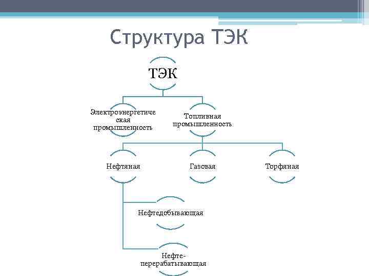 Структура ТЭК Электроэнергетиче ская промышленность Топливная промышленность Нефтяная Газовая Нефтедобывающая Нефте перерабатывающая Торфяная 