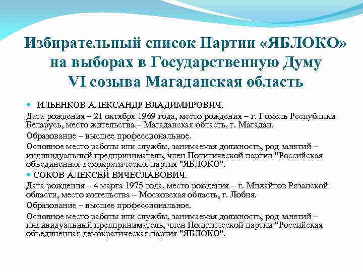 Избирательный список Партии «ЯБЛОКО» на выборах в Государственную Думу VI созыва Магаданская область ИЛЬЕНКОВ