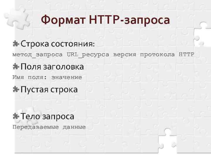 Формат HTTP-запроса Строка состояния: метод_запроса URL_ресурса версия протокола HTTP Поля заголовка Имя поля: значение