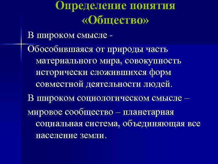 Определение понятия «Общество» В широком смысле Обособившаяся от природы часть материального мира, совокупность исторически