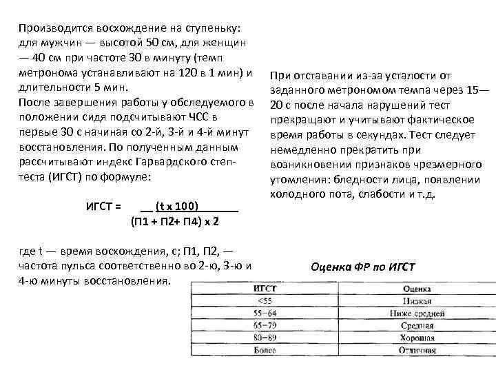 Производится восхождение на ступеньку: для мужчин — высотой 50 см, для женщин — 40