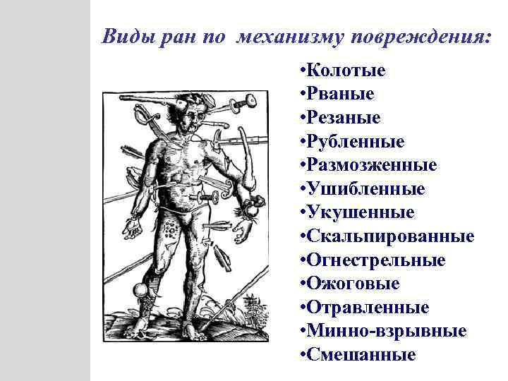 Виды ран по механизму повреждения: • Колотые • Рваные • Резаные • Рубленные •