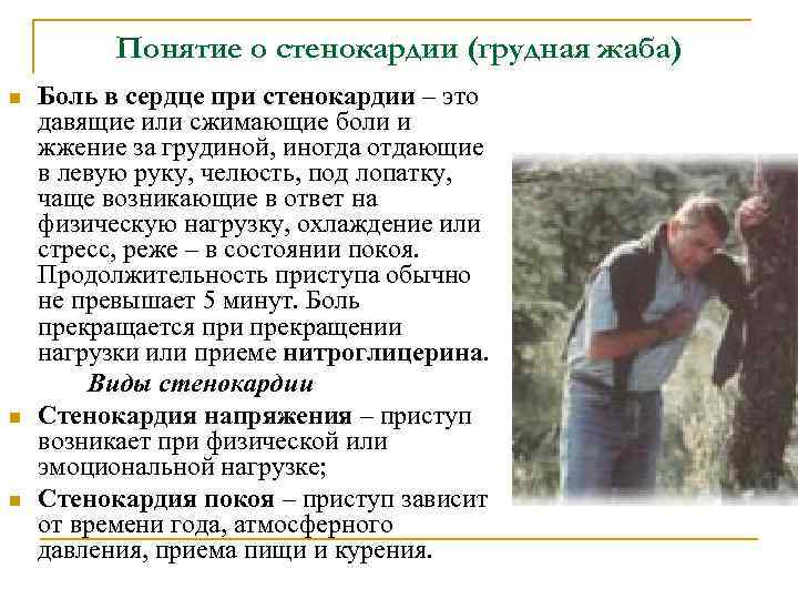 Понятие о стенокардии (грудная жаба) n n n Боль в сердце при стенокардии –