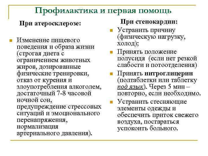 Профилактика и первая помощь При атеросклерозе: n n Изменение пищевого поведения и образа жизни