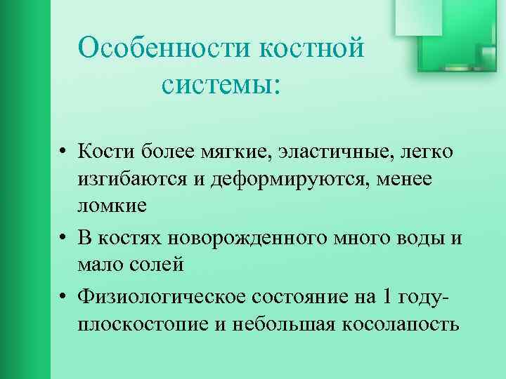 Особенности костной системы: • Кости более мягкие, эластичные, легко изгибаются и деформируются, менее ломкие