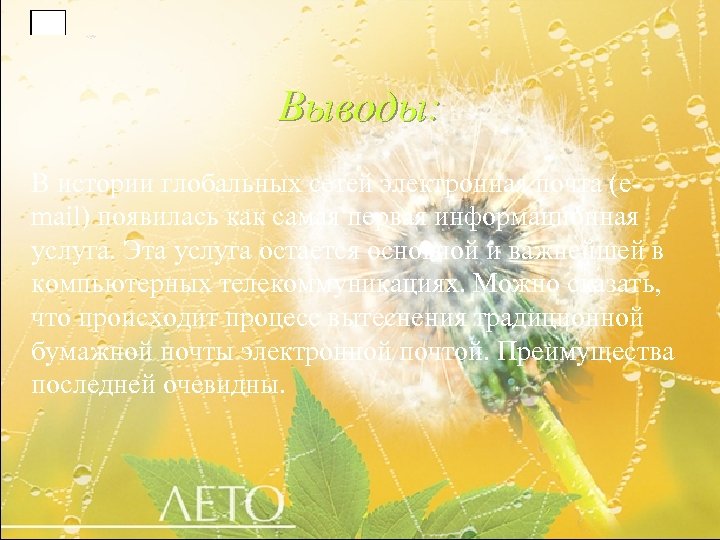 Выводы: В истории глобальных сетей электронная почта (email) появилась как самая первая информационная услуга.