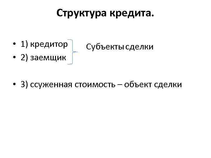 Структура кредита. • 1) кредитор • 2) заемщик Субъекты сделки • 3) ссуженная стоимость