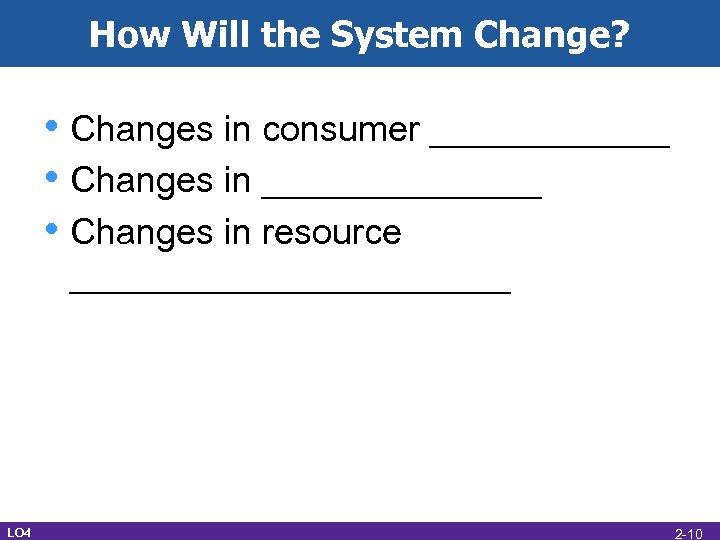 How Will the System Change? • Changes in consumer ______ • Changes in _______