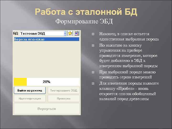 Работа с эталонной БД Формирование ЭБД Наконец, в списке остается единственная выбранная порода По