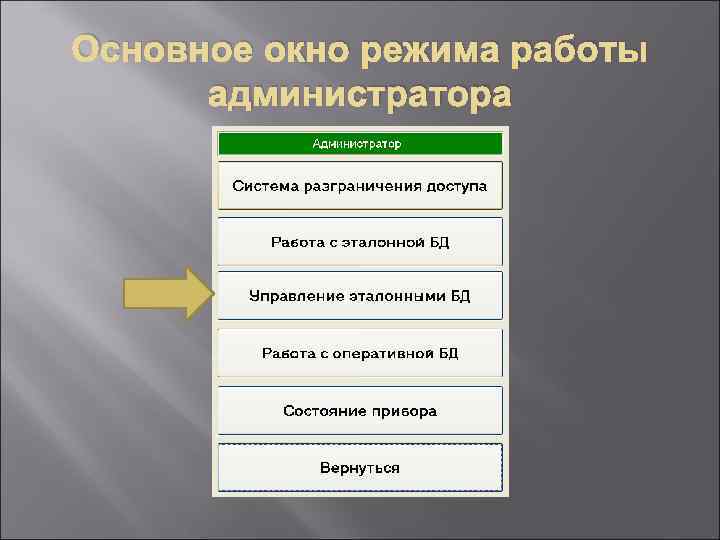 Основное окно режима работы администратора 