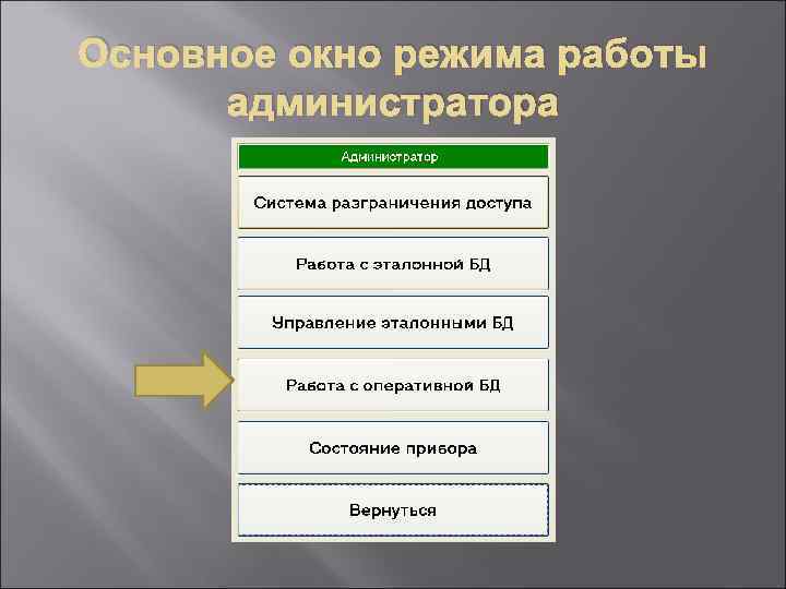 Основное окно режима работы администратора 