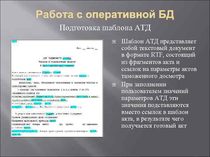 Работа с оперативной БД Подготовка шаблона АТД Шаблон АТД представляет собой текстовый документ в