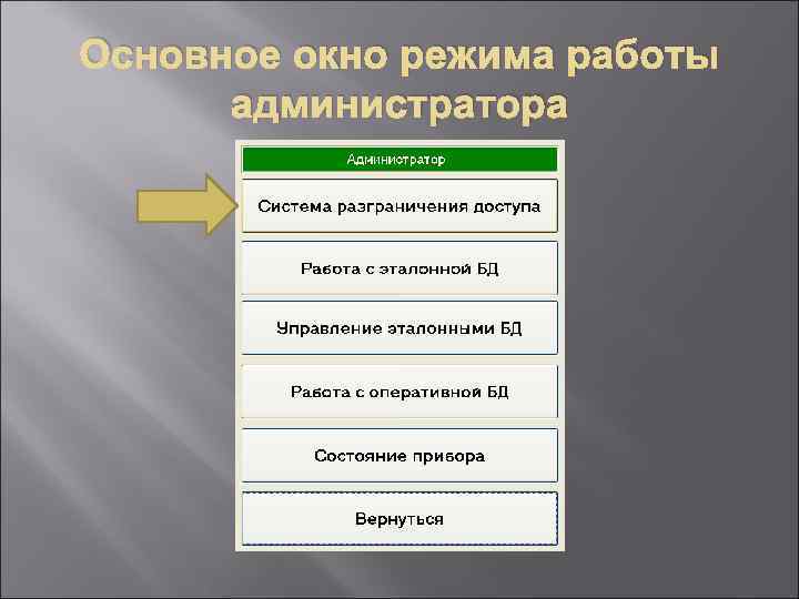 Основное окно режима работы администратора 