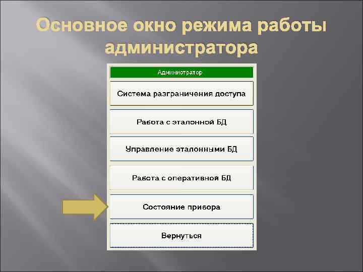 Основное окно режима работы администратора 