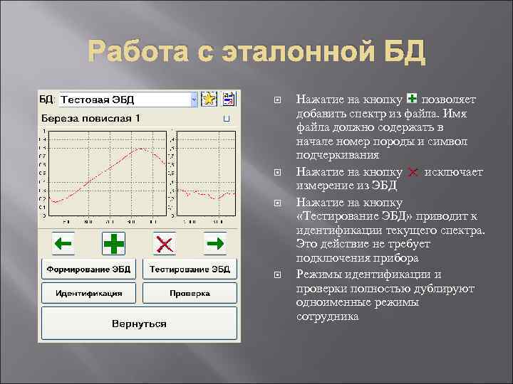 Работа с эталонной БД Нажатие на кнопку позволяет добавить спектр из файла. Имя файла