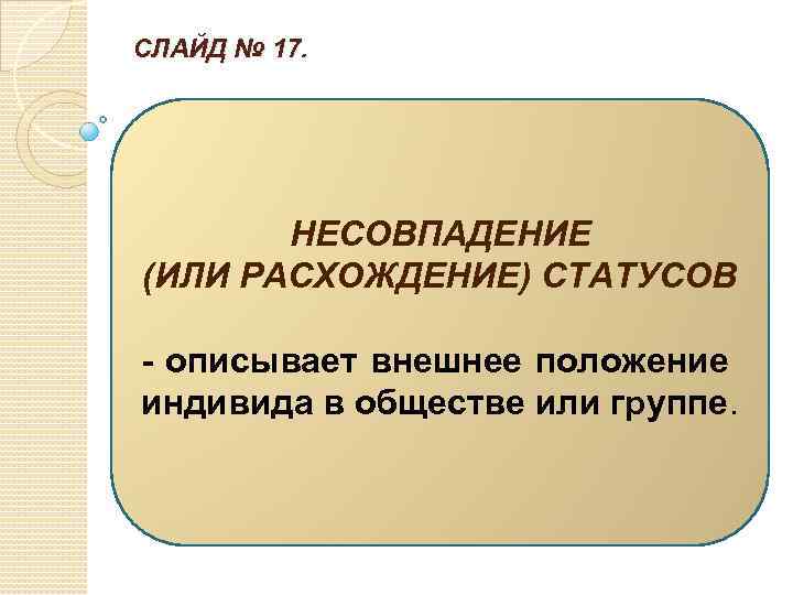 СЛАЙД № 17. НЕСОВПАДЕНИЕ (ИЛИ РАСХОЖДЕНИЕ) СТАТУСОВ - описывает внешнее положение индивида в обществе