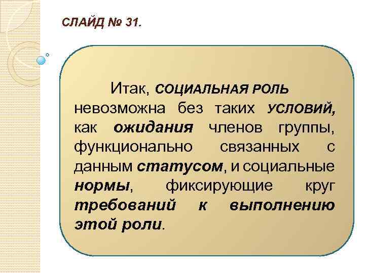 СЛАЙД № 31. Итак, СОЦИАЛЬНАЯ РОЛЬ невозможна без таких УСЛОВИЙ, как ожидания членов группы,