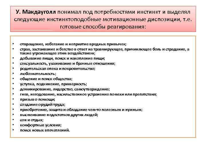 У. Макдауголл понимал под потребностями инстинкт и выделял следующие инстинктоподобные мотивационные диспозиции, т. е.