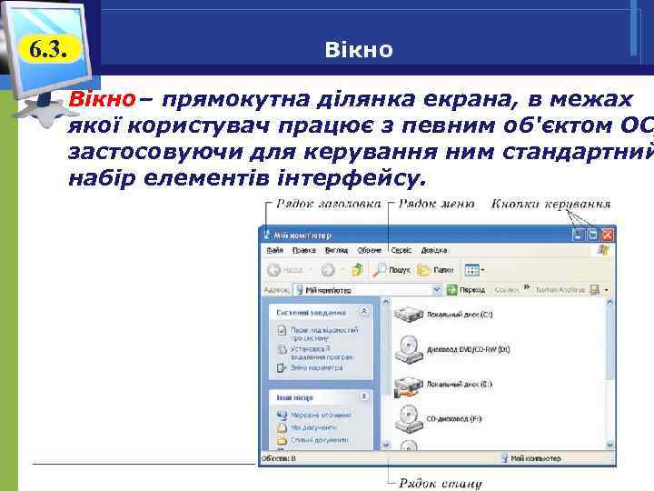 6. 3. Вікно – прямокутна ділянка екрана, в межах якої користувач працює з певним