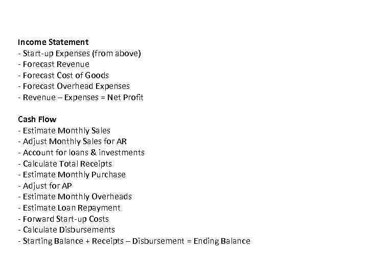 Income Statement - Start-up Expenses (from above) - Forecast Revenue - Forecast Cost of