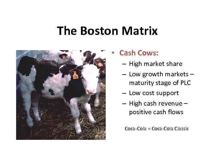 The Boston Matrix • Cash Cows: – High market share – Low growth markets