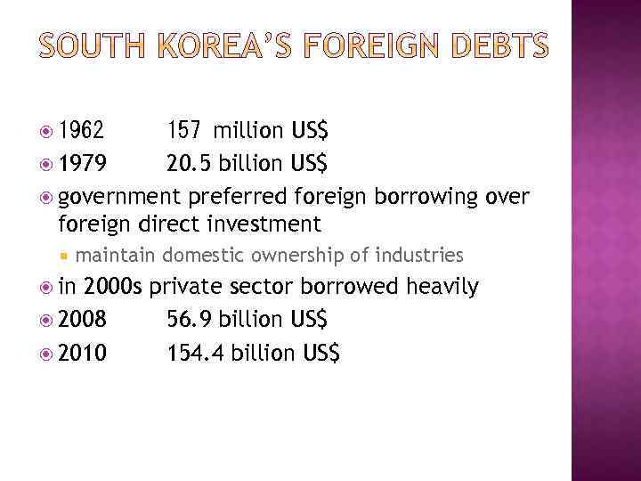 157 million US$ 1979 20. 5 billion US$ government preferred foreign borrowing over foreign