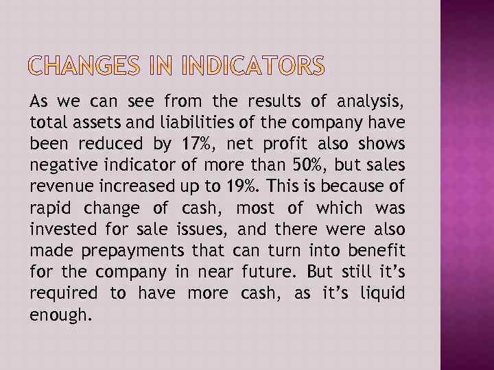 As we can see from the results of analysis, total assets and liabilities of