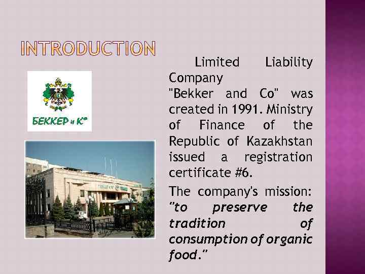 Limited Liability Company "Bekker and Co" was created in 1991. Ministry of Finance of