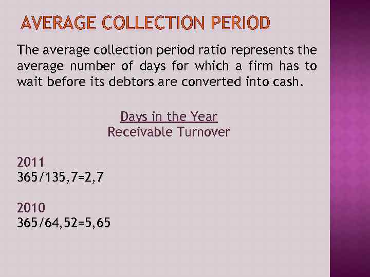 AVERAGE COLLECTION PERIOD The average collection period ratio represents the average number of days