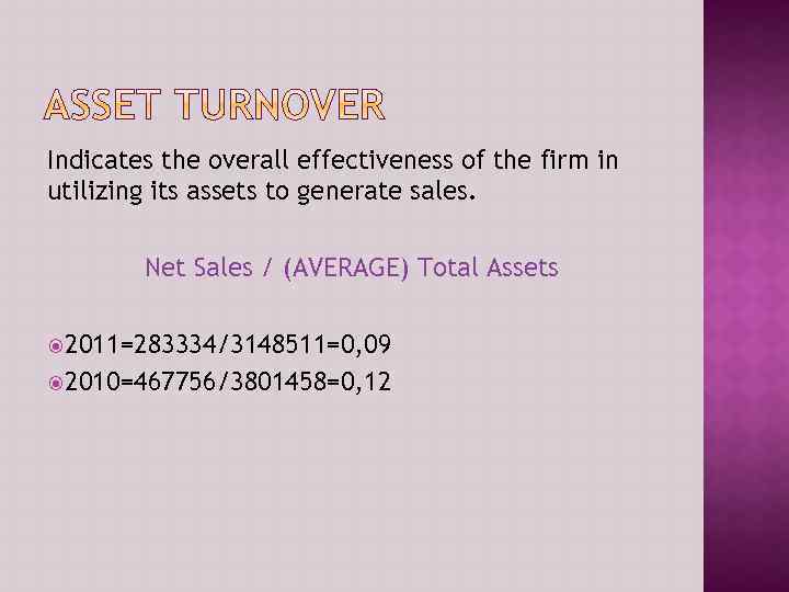 Indicates the overall effectiveness of the firm in utilizing its assets to generate sales.