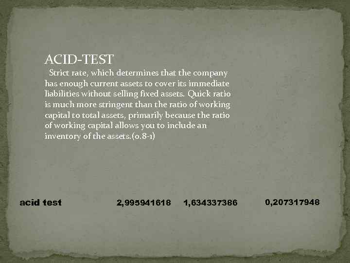 ACID-TEST Strict rate, which determines that the company has enough current assets to cover
