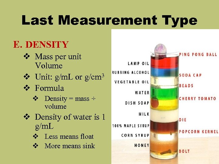 Last Measurement Type E. DENSITY v Mass per unit Volume v Unit: g/m. L