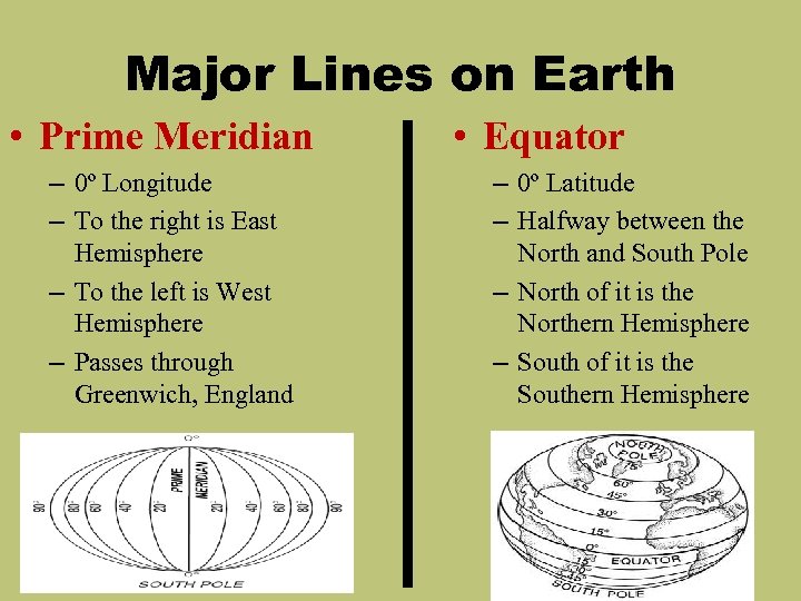 Major Lines on Earth • Prime Meridian – 0º Longitude – To the right