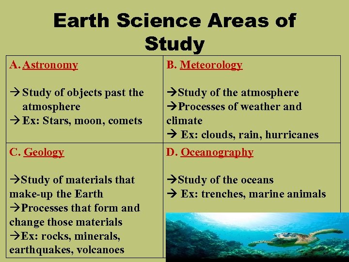 Earth Science Areas of Study A. Astronomy B. Meteorology Study of objects past the