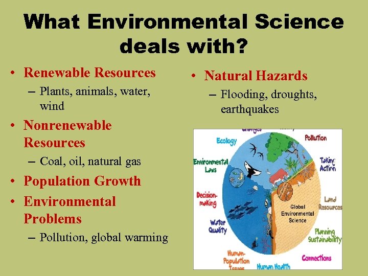 What Environmental Science deals with? • Renewable Resources – Plants, animals, water, wind •