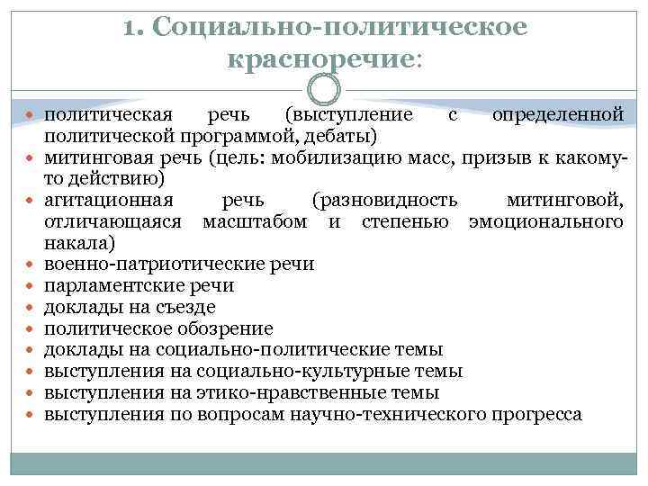 1. Социально-политическое красноречие: политическая речь (выступление с определенной политической программой, дебаты) митинговая речь (цель: